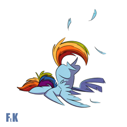 Size: 2000x2000 | Tagged: safe, artist:fluttershythekind, derpibooru import, rainbow dash, pegasus, pony, colored, crash landing, faceplant, fail, feather, female, majestic as fuck, mare, nailed it, pointy ponies, rainbow crash, simple background, solo, white background