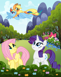 Size: 1200x1500 | Tagged: safe, artist:sketchyjackie, derpibooru import, apple bloom, applejack, fluttershy, rainbow dash, rarity, scootaloo, sweetie belle, earth pony, pegasus, pony, unicorn, appledash, carrying, cutie mark crusaders, female, flarity, flying, lesbian, ponies riding ponies, riding, scenery, shipping