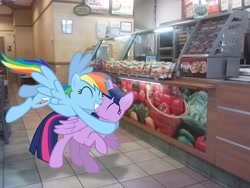 Size: 2592x1944 | Tagged: safe, artist:fureox, artist:tokkazutara1164, rainbow dash, twilight sparkle, twilight sparkle (alicorn), alicorn, pony, hug, irl, meme, photo, ponies in real life, restaurant, subway, vector