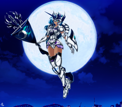 Size: 4150x3642 | Tagged: safe, alternate version, artist:mauroz, princess luna, human, armor, cloud, female, flag, full moon, gauntlet, high res, horn, horned humanization, humanized, moon, night, sky, solo