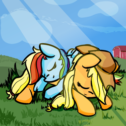 Size: 1050x1050 | Tagged: safe, artist:davierocket, derpibooru import, applejack, rainbow dash, earth pony, pegasus, pony, appledash, barn, female, grass, hat, lesbian, shipping, sleep pile, sleeping, sunlight