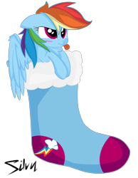 Size: 2984x3840 | Tagged: safe, artist:silvy-winds, rainbow dash, pegasus, pony, blushing, christmas stocking, solo, tongue out