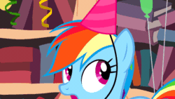 Size: 640x360 | Tagged: safe, derpibooru import, screencap, rainbow dash, pegasus, pony, daring don't, animated, book, golden oaks library, hat, national random holiday party day, party hat, solo, talking