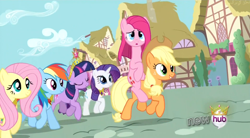 Size: 850x468 | Tagged: safe, derpibooru import, screencap, applejack, fluttershy, pinkie pie, rainbow dash, rarity, twilight sparkle, earth pony, pegasus, pony, unicorn, magical mystery cure, mane six, pinkamena diane pie, ponies riding ponies, swapped cutie marks