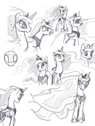 Size: 812x1080 | Tagged: safe, artist:tswt, princess luna, alicorn, pony, black and white, character study, expressions, facial expressions, female, grayscale, jewelry, mare, monochrome, regalia, simple background, sketch, solo, study, white background
