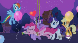 Size: 1920x1050 | Tagged: safe, derpibooru import, applejack, pinkie pie, rainbow dash, rarity, twilight sparkle, twilight sparkle (alicorn), alicorn, earth pony, pegasus, pony, unicorn, magical mystery cure, balloon, female, mare, partycorn