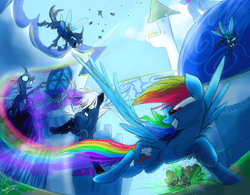 Size: 1024x800 | Tagged: safe, artist:namiwami, derpibooru import, rainbow dash, oc, changeling, pegasus, pony, canterlot, fight, flying