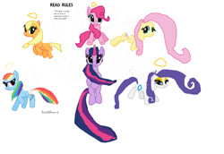 Size: 1244x856 | Tagged: safe, artist:pinkie pie cake, derpibooru import, applejack, fluttershy, pinkie pie, rainbow dash, rarity, twilight sparkle, twilight sparkle (alicorn), alicorn, angel, earth pony, pegasus, pony, unicorn, angel rarity, base used, crappy art, female, halo, mane six, mare, wings