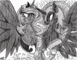 Size: 1978x1532 | Tagged: safe, artist:petanoprime, nightmare moon, princess luna, alicorn, pony, blush sticker, blushing, bust, chest fluff, duality, duo, ethereal mane, fangs, female, frown, grayscale, helmet, jewelry, mare, monochrome, open mouth, peytral, signature, starry mane, text, tiara, traditional art