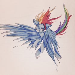 Size: 960x963 | Tagged: safe, artist:loladotz, derpibooru import, rainbow dash, pegasus, pony, flying, simple background, sketchbook, solo, traditional art, windswept mane, wink