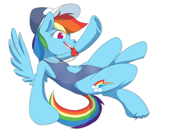 Size: 1280x960 | Tagged: safe, artist:sion, rainbow dash, pegasus, pony, belly button, clothes, hat, navel cutout, one-piece swimsuit, solo, swimsuit, whistle