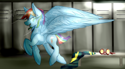 Size: 1024x569 | Tagged: safe, artist:loladotz, derpibooru import, rainbow dash, pegasus, pony, eyes closed, headphones, locker room, queen (band), singing, solo, we are the champions, wonderbolts uniform