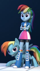 Size: 810x1440 | Tagged: safe, artist:vinuldash, derpibooru import, rainbow dash, equestria girls, 3d, 3d model, boots, clothes, compression shorts, crossed arms, cute, dashabetes, human ponidox, self ponidox, shorts, skirt, smiling, solo, source filmmaker, wristband