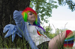 Size: 960x639 | Tagged: safe, artist:shadelila, derpibooru import, rainbow dash, human, clothes, cosplay, costume, irl, irl human, photo, rainbow socks, socks, solo, striped socks