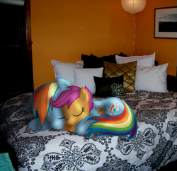 Size: 621x600 | Tagged: safe, edit, rainbow dash, scootaloo, bed, cuddling, irl, photo, ponies in real life, scootalove, sleeping, snuggling