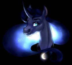 Size: 986x883 | Tagged: safe, artist:elenanava19, artist:eperyton, princess luna, alicorn, pony, black background, bust, curved horn, ethereal mane, female, glowing mane, hoers, horn, lidded eyes, looking at you, mare, missing accessory, peytral, realistic anatomy, simple background, solo, starry mane