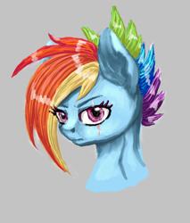 Size: 1024x1202 | Tagged: safe, artist:britneyoctave, derpibooru import, rainbow dash, pegasus, pony, the cutie re-mark, alternate timeline, apocalypse dash, bust, crystal war timeline, portrait, scar, simple background, solo