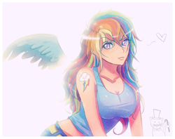 Size: 694x549 | Tagged: safe, alternate version, artist:songoftheshoebox, rainbow dash, human, anime, breasts, cleavage, female, heart, humanized, light skin, rainboob dash, solo, winged humanization, wings