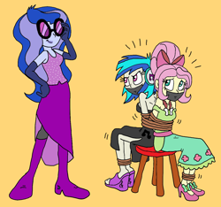 Size: 1156x1080 | Tagged: safe, artist:bugssonicx, dj pon-3, fluttershy, princess luna, vice principal luna, vinyl scratch, equestria girls, accessory theft, alternate hairstyle, bondage, boots, bound and gagged, bound together, bow, clothes, dress, gag, sandals, shoes, sitting, sunglasses, tape, tape gag, tied up, vinyl scratch is not amused