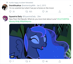 Size: 599x523 | Tagged: safe, princess luna, alicorn, pony, equestria daily, female, juxtaposition, laughing, mare, meme, meta, twitter