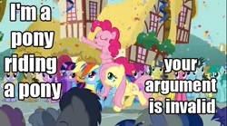 Size: 638x354 | Tagged: safe, derpibooru import, edit, edited screencap, screencap, amethyst star, applejack, berry punch, berryshine, carrot top, cherry berry, cloud kicker, comet tail, derpy hooves, doctor whooves, fluttershy, golden harvest, linky, lucky clover, pinkie pie, pokey pierce, rainbow dash, shoeshine, sparkler, spring melody, sprinkle medley, twilight sparkle, earth pony, pegasus, pony, a friend in deed, argument, caption, confetti, female, image macro, mare, parade, ponies riding ponies, ponyville, riding, smile song, your argument is invalid