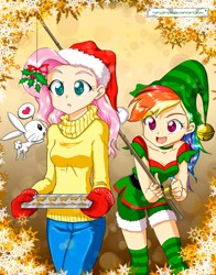 Size: 1181x1507 | Tagged: safe, artist:nancysauria, angel bunny, fluttershy, rainbow dash, human, christmas, clothes, hat, holly, holly mistaken for mistletoe, humanized, light skin, santa hat, sweater, sweatershy