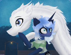 Size: 4539x3534 | Tagged: safe, artist:darkest-lunar-flower, princess luna, oc, oc:zefiroth, alicorn, dragon, pony, chihiro ogino, clothes, dragon oc, female, fence, haku, lantern, male, mare, night, ponies wearing clothing, shirt, spirited away, surprised, t-shirt