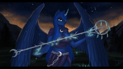 Size: 3920x2205 | Tagged: safe, artist:dezdark, princess luna, alicorn, anthro, cloak, clothes, crescent moon, dreamcatcher, fangs, female, high res, looking at you, magic, mare, midriff, moon, night, sky, solo, spread wings, staff, stars, telekinesis, wings