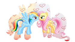 Size: 1024x587 | Tagged: safe, artist:anobouzu, derpibooru import, fluttershy, rainbow dash, pegasus, pony, female, flutterdash, kissing, lesbian, shipping