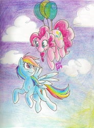 Size: 766x1043 | Tagged: safe, artist:prehistoricplague, derpibooru import, pinkie pie, rainbow dash, earth pony, pegasus, pony, balloon, drawing, then watch her balloons lift her up to the sky