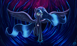 Size: 3143x1908 | Tagged: safe, artist:jphyperx, princess luna, alicorn, pony, abstract background, crown, ethereal mane, hoof shoes, jewelry, peytral, regalia, solo, starry mane