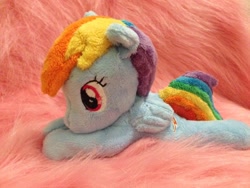 Size: 960x720 | Tagged: safe, artist:staphilea, derpibooru import, rainbow dash, beanie (plushie), irl, photo, plushie, prone, solo