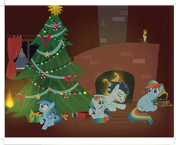 Size: 1179x973 | Tagged: safe, artist:selecteddash, rainbow dash, soarin', oc, oc:ragtag, oc:shooting star, pegasus, pony, candle, christmas tree, family, female, fireplace, hearth's warming eve, male, offspring, parent:rainbow dash, parent:soarin', parents:soarindash, present, shipping, soarindash, straight, tree