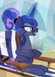 Size: 519x724 | Tagged: safe, edit, screencap, princess luna, twilight sparkle, alicorn, pony, between dark and dawn, chair, cropped, fadeout, glowing horn, horn, lidded eyes, open mouth, sitting, smiling, solo