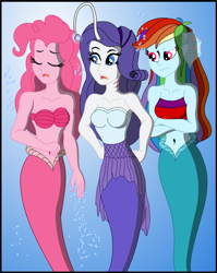 Size: 2413x3036 | Tagged: safe, artist:physicrodrigo, derpibooru import, part of a series, part of a set, pinkie pie, rainbow dash, rarity, angler fish, mermaid, series:equestria mermaids, equestria girls, bandeau, belly button, bra, bubble, clothes, crossed arms, dress, earfins, eyes closed, gills, high res, mermaidized, midriff, ocean, seashell bra, species swap, torn clothes, trio, underwater, underwear