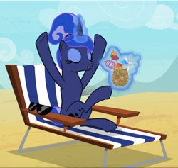 Size: 992x941 | Tagged: safe, screencap, princess luna, alicorn, pony, between dark and dawn, alternate hairstyle, beach, chair, coconut drink, cropped, eyes closed, eyeshadow, female, glowing horn, hair bun, hooves in air, horn, levitation, magic, makeup, mare, pleased, relaxing, smiling, solo, stretching, sunglasses, telekinesis, vacation, we don't normally wear clothes