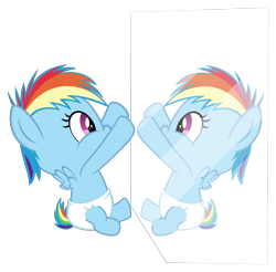 Size: 3048x3000 | Tagged: safe, artist:sollace, derpibooru import, rainbow dash, pegasus, pony, baby, baby dash, baby pony, cute, dashabetes, diaper, filly, filly rainbow dash, foal, heartwarming, lol, mirror, simple background, sitting, solo, sweet dreams fuel, transparent background, vector, younger