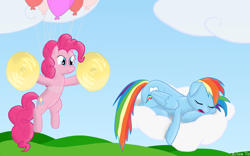 Size: 1920x1200 | Tagged: safe, artist:mcnum, derpibooru import, pinkie pie, rainbow dash, earth pony, pegasus, pony, balloon, cloud, cloudy, cymbals, incoming prank, prank, sleeping, this will end in tears