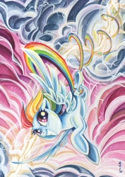 Size: 2550x3600 | Tagged: safe, artist:sararichard, derpibooru import, rainbow dash, pegasus, pony, art is magic, cloud, flying, lightning, rainbow trail, solo, spinning