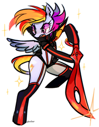 Size: 500x642 | Tagged: dead source, safe, artist:ghostier, rainbow dash, pegasus, pony, anime, cosplay, crossover, kill la kill, senketsu, solo, sword