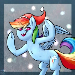 Size: 900x900 | Tagged: dead source, safe, artist:lizzyoli-ravioli, rainbow dash, pegasus, pony, abstract background, bipedal, christmas, female, hat, holiday, mare, open mouth, santa hat, signature, solo, underhoof