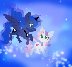 Size: 5000x4648 | Tagged: safe, artist:belka-sempai, princess luna, sweetie belle, alicorn, pony, unicorn, absurd resolution, cute, diasweetes, dream realm, dream walker luna, duo, female, lunabetes, mare, older, older sweetie belle