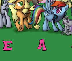 Size: 1283x1084 | Tagged: safe, artist:spontaneouspotato, derpibooru import, applejack, derpy hooves, rainbow dash, smarty pants, earth pony, pegasus, pony, electronic arts, female, mare