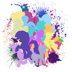 Size: 3000x3000 | Tagged: safe, artist:tardifice, derpibooru import, applejack, berry punch, berryshine, bon bon, carrot top, cheerilee, derpy hooves, fluttershy, golden harvest, lyra heartstrings, minuette, pinkie pie, rainbow dash, rarity, sweetie drops, twilight sparkle, earth pony, pegasus, pony, unicorn, female, mane six, mare, minimalist, paint splatter