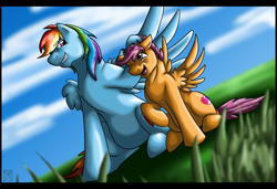 Size: 3430x2340 | Tagged: safe, artist:stormblaze-pegasus, derpibooru import, rainbow dash, scootaloo, pegasus, pony, cute, duo, one eye closed, open mouth, raised hoof, scootalove, sitting, the cmc's cutie marks