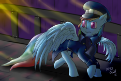 Size: 1024x683 | Tagged: safe, artist:m_d_quill, derpibooru import, rainbow dash, pegasus, pony, clothes, solo, uniform