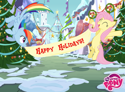 Size: 720x531 | Tagged: safe, fluttershy, rainbow dash, pegasus, pony, banner, christmas, christmas lights, christmas tree, happy, happy holidays, hearth's warming eve, holiday, lights, logo, my little pony logo, official, snow, tree, winter