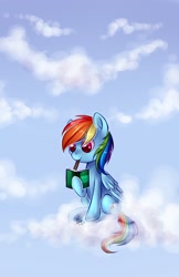 Size: 1242x1920 | Tagged: safe, artist:ghst-qn, artist:schasti, rainbow dash, pegasus, pony, book, cloud, cloudy, colored pupils, diary, mouth hold, pencil, sky, solo, writing