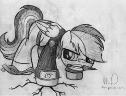 Size: 1024x783 | Tagged: safe, artist:drawponies, rainbow dash, pegasus, pony, crossover, monochrome, naruto, solo