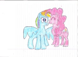 Size: 1024x745 | Tagged: safe, artist:supergex, artist:trueinfinitycore, derpibooru import, pinkie pie, rainbow dash, earth pony, pegasus, pony, colored lineart, colored sketch, female, heart, kissing, lesbian, oil pastels, pinkiedash, shipping